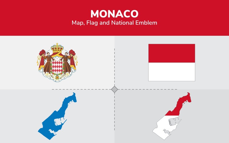 Mapa de Mónaco, bandera y emblema nacional - Ilustración