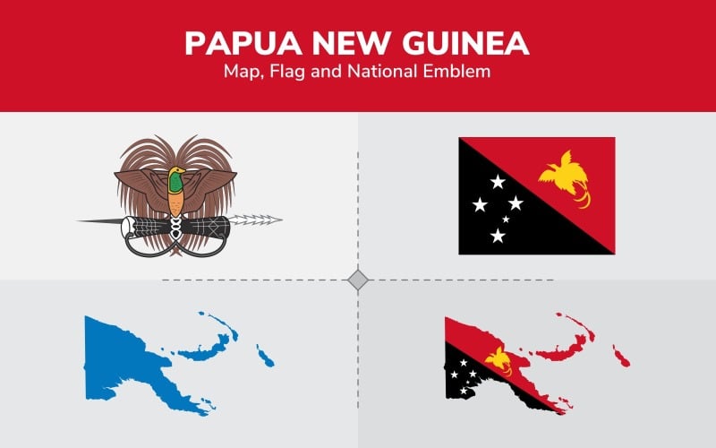 Mapa de Papua Nueva Guinea, bandera y emblema nacional - Ilustración