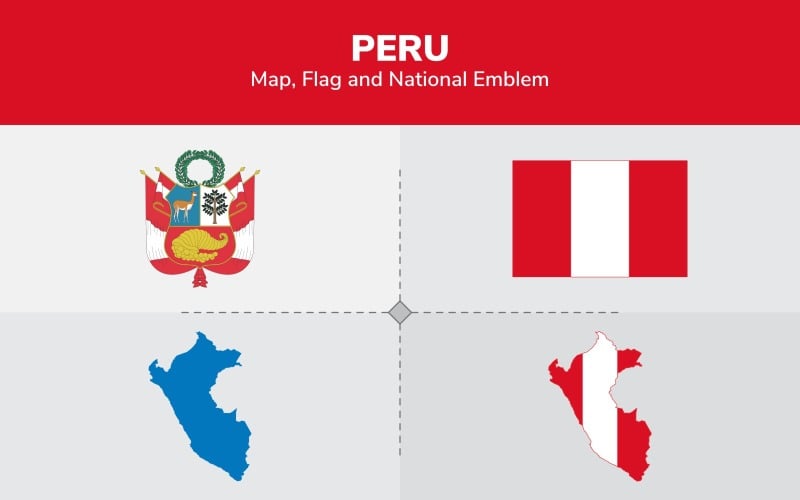 Mapa de Perú, bandera y emblema nacional - Ilustración