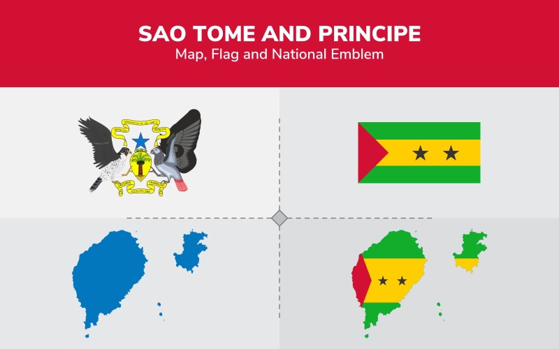 Mapa de Santo Tomé y Príncipe, bandera y emblema nacional - Ilustración