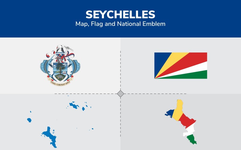 Mapa de Seychelles, bandera y emblema nacional - Ilustración