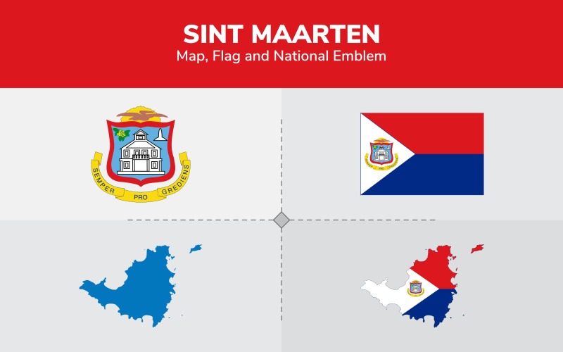 Mapa de Sint Maarten, bandera y emblema nacional - Ilustración