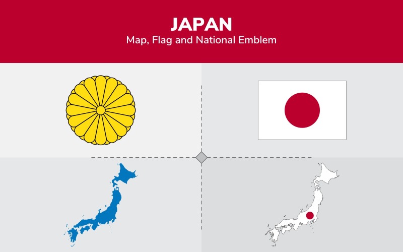 Mapa, vlajka a státní znak Japonska - ilustrace