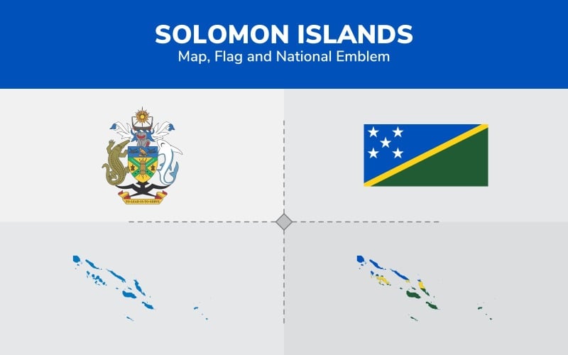 Mapa, vlajka a státní znak Šalamounových ostrovů - ilustrace