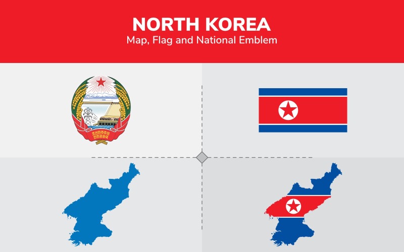 Mapa, vlajka a státní znak Severní Koreje - ilustrace