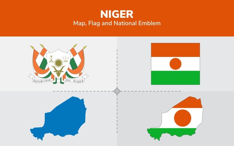 Mappa del Niger, bandiera ed emblema nazionale - illustrazione