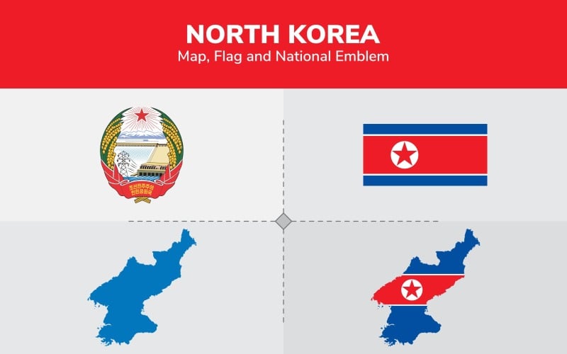 Mappa della Corea del Nord, bandiera ed emblema nazionale - illustrazione