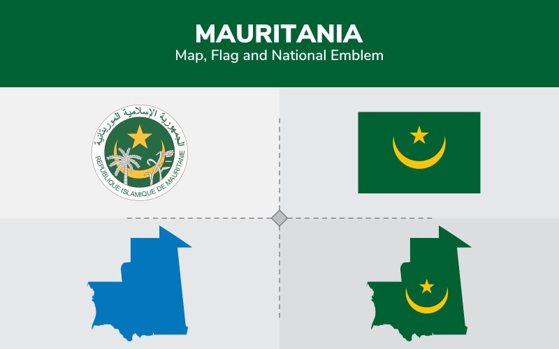 Mauretanien karta, flagga och nationellt emblem - illustration