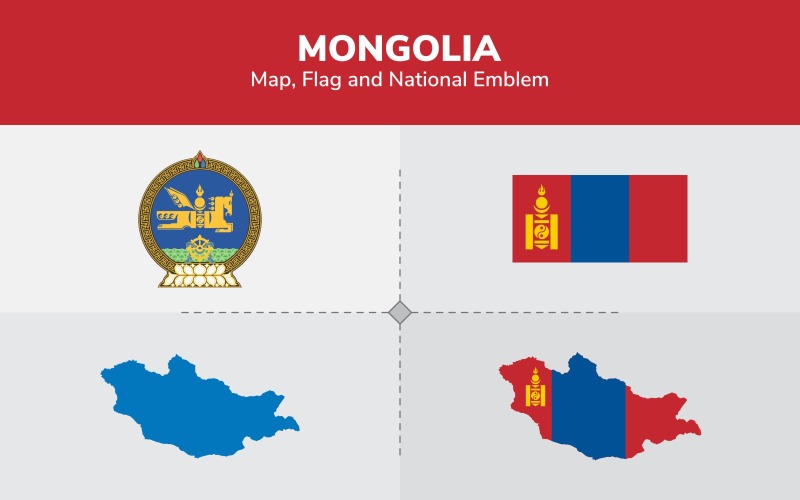 Mongolië kaart, vlag en nationaal embleem - illustratie