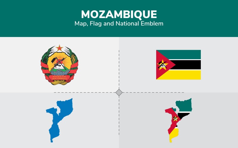 Download Иллюстрация "Mozambique Map, Flag and National Emblem - Illustration" / Mozambique Map, Flag and National Emblem - Illustration - Иллюстрация на тему графика continents,countries,map,political map,traveling,vector,emblem,national,flag,coat,arms,country,symbol,nations,state,sign,nation,badge,symbolic object,europe