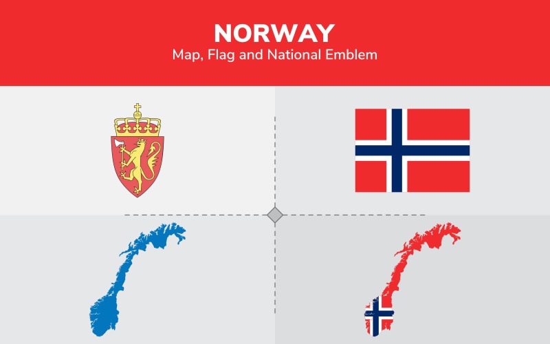 Norway Map, Flag and National Emblem - Illustration