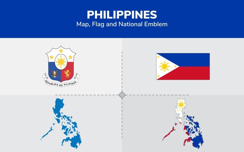 Download Иллюстрация "Philippines Map, Flag and National Emblem - Illustration" / Philippines Map, Flag and National Emblem - Illustration - Иллюстрация на тему графика continents,countries,map,political map,traveling,vector,emblem,national,flag,coat,arms,country,symbol,nations,state,sign,nation,badge,symbolic object,europe