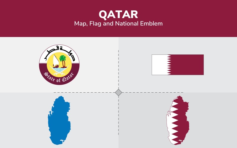 Download Иллюстрация "Qatar Map, Flag and National Emblem - Illustration" / Qatar Map, Flag and National Emblem - Illustration - Иллюстрация на тему графика continents,countries,map,political map,traveling,vector,emblem,national,flag,coat,arms,country,symbol,nations,state,sign,nation,badge,symbolic object,europe