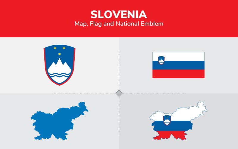 Slovenien karta, flagga och nationellt emblem - illustration