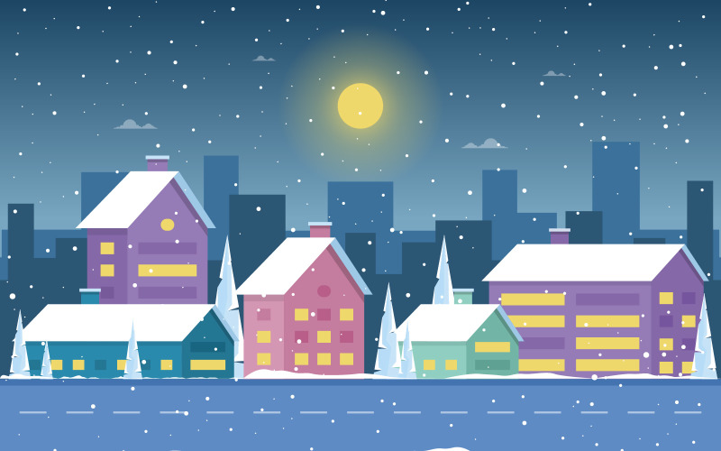 Download Иллюстрация "Snow Pine Winter - Illustration" / Snow Pine Winter - Illustration - Иллюстрация на тему графика winter,snow,pine,snowfall,city,house,landscape,illustration,vector,season,cold,december,background,village,wonderland,minimal,art,flat,holiday,home