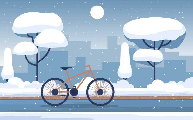 Download Иллюстрация "Snowfall City Bike - Illustration" / Snowfall City Bike - Illustration - Иллюстрация на тему графика winter,snow,tree,snowfall,city,bike,landscape,illustration,vector,season,cold,december,background,village,wonderland,minimal,art,flat,holiday,home