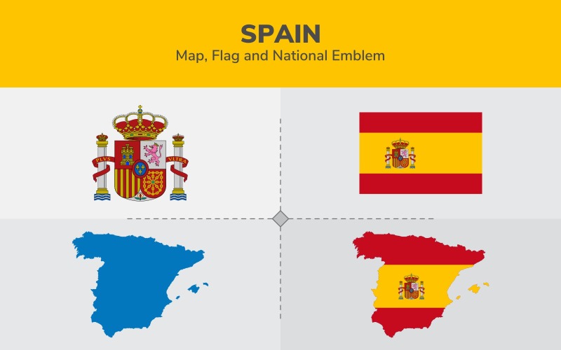 Spanje kaart, vlag en nationaal embleem - illustratie