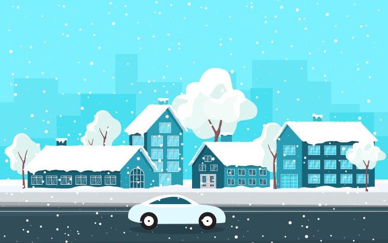 Download Иллюстрация "Winter City Building - Illustration" / Winter City Building - Illustration - Иллюстрация на тему графика winter,snow,tree,snowfall,city,house,landscape,illustration,vector,season,cold,december,background,village,wonderland,minimal,art,flat,holiday,home