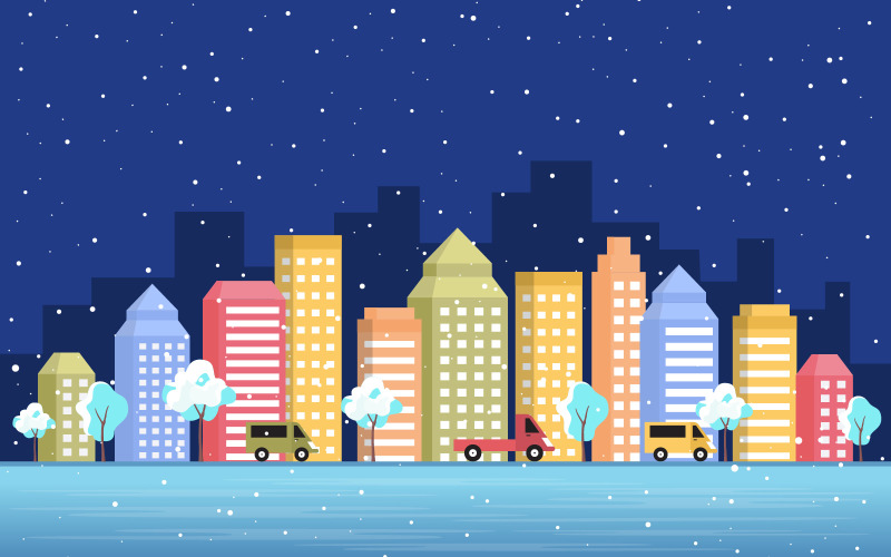 Download Иллюстрация "Winter Tree Snowfall - Illustration" / Winter Tree Snowfall - Illustration - Иллюстрация на тему графика winter,snow,tree,snowfall,city,building,landscape,illustration,vector,season,cold,december,background,village,wonderland,minimal,art,flat,holiday,home