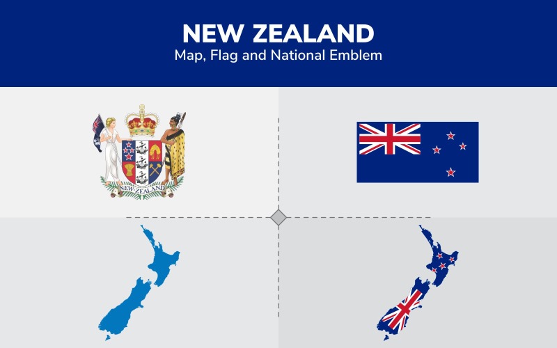 新西兰地图，国旗和国徽-光栅插图