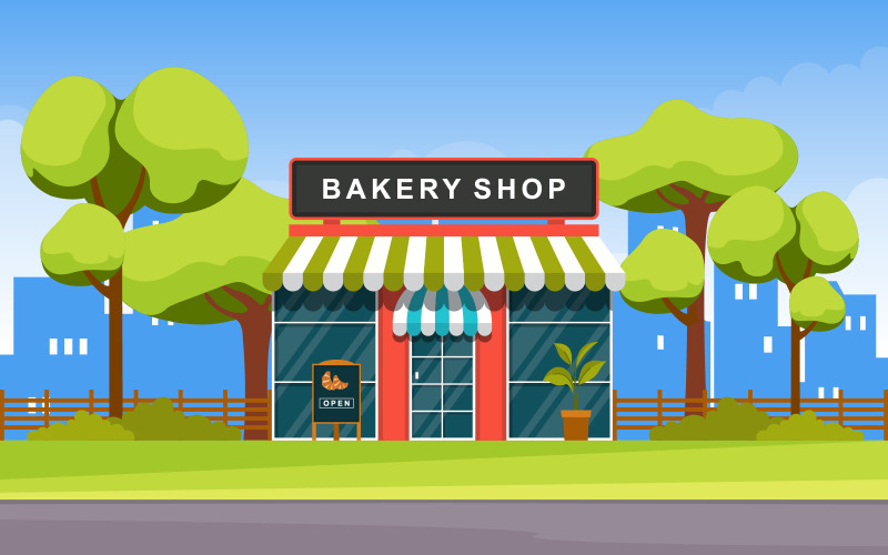 Download Иллюстрация "Bakery Food Store - Illustration" / Bakery Food Store - Illustration - Иллюстрация на тему графика showcase,bakery,shop,food,store,facade,street,cartoon,illustation,vector,business,exterior,awning,supermarket,architecture,bread,sweet,cafe,cake,dessert
