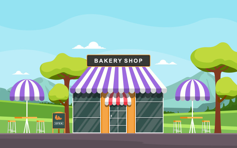 Download Иллюстрация "Bakery Shop Food - Illustration" / Bakery Shop Food - Illustration - Иллюстрация на тему графика showcase,bakery,shop,food,store,facade,street,cartoon,illustation,vector,business,exterior,awning,supermarket,architecture,bread,sweet,cafe,cake,dessert
