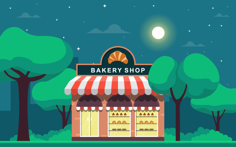 Download Иллюстрация "Bakery Shop Night - Illustration" / Bakery Shop Night - Illustration - Иллюстрация на тему графика showcase,bakery,shop,food,store,facade,night,cartoon,illustration,vector,business,exterior,awning,supermarket,architecture,bread,sweet,cafe,cake,dessert