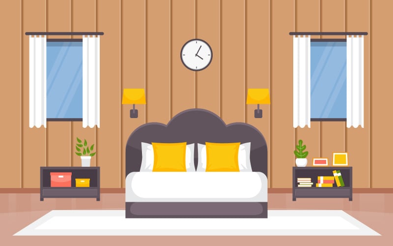 Download Иллюстрация "Bed Interior Design - Illustration" / Bed Interior Design - Illustration - Иллюстрация на тему графика bedroom,sleeping,room,bed,interior,design,modern,house,illustration,vector,concept,sleep,indoor,comfortable,furniture,bedstead,rest,wooden,wall,lamp