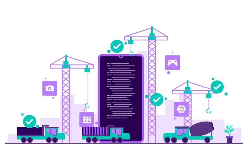 Download Иллюстрация "Development App Process - Illustration" / Development App Process - Illustration - Иллюстрация на тему графика heavy,vehicle,build,mobile,app,development,process,flat,illustration,vector,concept,isolated,developer,phone,smartphone,application,software,web,icon,business