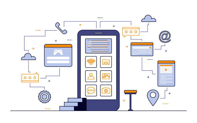 Download Иллюстрация "Development Design App - Illustration" / Development Design App - Illustration - Иллюстрация на тему графика programmer,thinking,mobile,app,development,process,flat,design,illustration,vector,concept,isolated,developer,phone,smartphone,application,software,web,icon,business