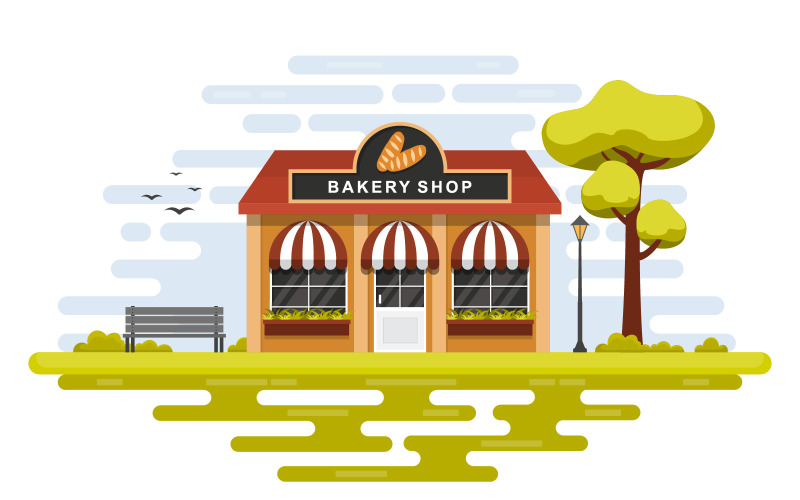 Download Иллюстрация "Food Store Front - Illustration" / Food Store Front - Illustration - Иллюстрация на тему графика showcase,bakery,shop,food,store,front,facade,cartoon,illustration,vector,business,exterior,awning,supermarket,architecture,bread,sweet,cafe,cake,dessert
