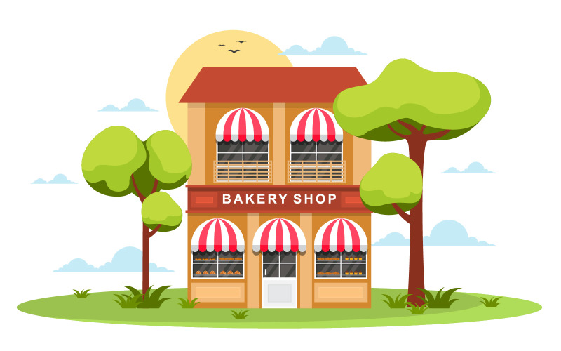 Download Иллюстрация "House Bakery Store - Illustration" / House Bakery Store - Illustration - Иллюстрация на тему графика showcase,bakery,shop,house,food,store,facade,cartoon,illustration,vector,business,exterior,awning,supermarket,architecture,bread,sweet,cafe,cake,dessert