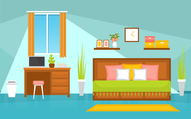 Download Иллюстрация "House Bedroom Interior - Illustration" / House Bedroom Interior - Illustration - Иллюстрация на тему графика bedroom,sleeping,room,bed,interior,design,modern,house,illustration,vector,concept,sleep,indoor,comfortable,furniture,bedstead,table,drawer,books,plants
