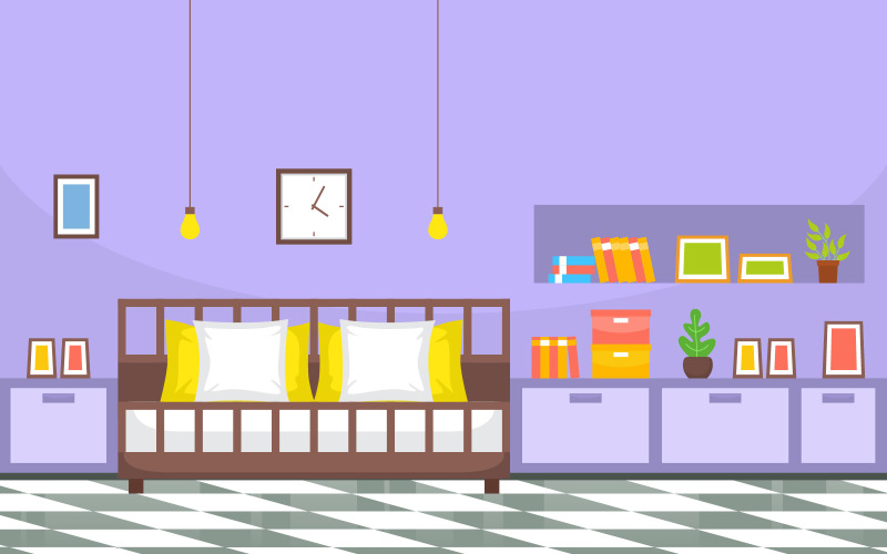 Download Иллюстрация "House Modern Room - Illustration" / House Modern Room - Illustration - Иллюстрация на тему графика bedroom,sleeping,room,bed,interior,design,modern,house,illustration,vector,concept,sleep,indoor,comfortable,furniture,bedstead,purple,wall,clock,hanging