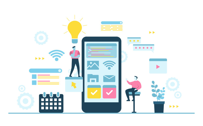 Download Иллюстрация "Mobile App Build - Illustration" / Mobile App Build - Illustration - Иллюстрация на тему графика people,build,mobile,app,development,process,flat,design,illustration,vector,concept,isolated,developer,phone,smartphone,application,software,web,icon,business