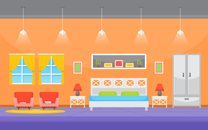 Download Иллюстрация "Modern Design Bedroom - Illustration" / Modern Design Bedroom - Illustration - Иллюстрация на тему графика bedroom,sleeping,room,bed,interior,design,modern,house,illustration,vector,concept,sleep,indoor,comfortable,furniture,bedstead,wardrobe,cupboard,frame,lamps