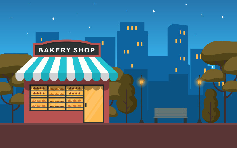 Download Иллюстрация "Night Showcase Bakery - Illustration" / Night Showcase Bakery - Illustration - Иллюстрация на тему графика showcase,bakery,shop,food,store,facade,night,cartoon,illustration,vector,business,exterior,awning,supermarket,architecture,bread,sweet,cafe,cake,dessert