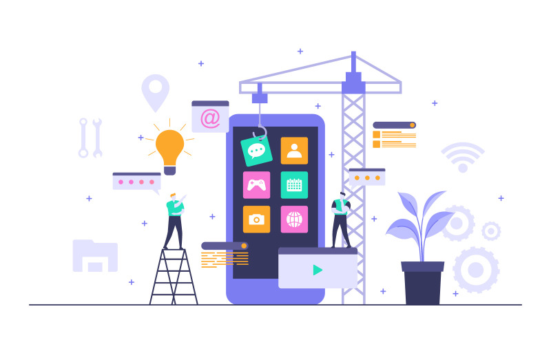 Download Иллюстрация "People Build App - Illustration" / People Build App - Illustration - Иллюстрация на тему графика people,build,mobile,app,development,process,flat,design,illustration,vector,concept,isolated,developer,phone,smartphone,application,software,web,icon,business