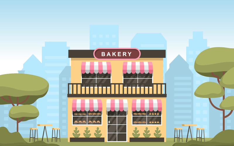 Download Иллюстрация "Showcase Bakery House - Illustration" / Showcase Bakery House - Illustration - Иллюстрация на тему графика showcase,bakery,shop,house,food,store,facade,cartoon,illustration,vector,business,exterior,awning,supermarket,architecture,bread,sweet,cafe,cake,dessert