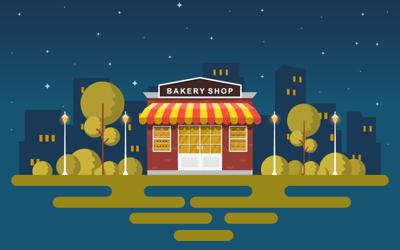 Download Иллюстрация "Showcase Bakery Night - Illustration" / Showcase Bakery Night - Illustration - Иллюстрация на тему графика showcase,bakery,shop,food,store,facade,night,cartoon,illustration,vector,business,exterior,awning,supermarket,architecture,bread,sweet,cafe,cake,dessert