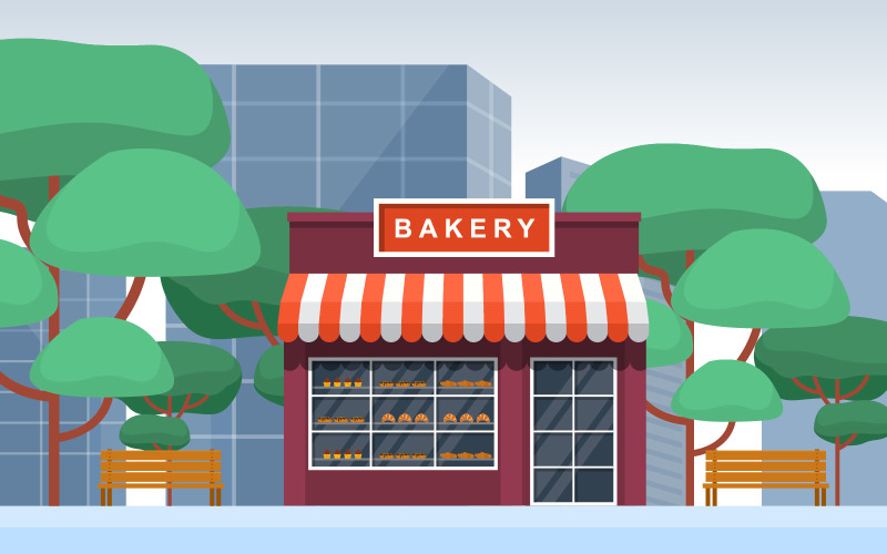 Download Иллюстрация "Showcase Bakery Shop - Illustration" / Showcase Bakery Shop - Illustration - Иллюстрация на тему графика showcase,bakery,shop,food,store,facade,city,cartoon,illustration,vector,business,exterior,awning,supermarket,architecture,bread,sweet,cafe,cake,dessert