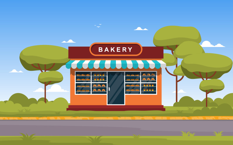 Download Иллюстрация "Showcase Bakery Street - Illustration" / Showcase Bakery Street - Illustration - Иллюстрация на тему графика showcase,bakery,shop,food,store,facade,street,cartoon,illustation,vector,business,exterior,awning,supermarket,architecture,bread,sweet,cafe,cake,dessert