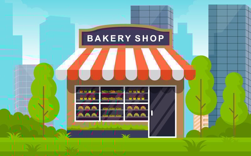 Download Иллюстрация "Showcase Food Store - Illustration" / Showcase Food Store - Illustration - Иллюстрация на тему графика showcase,bakery,shop,food,store,facade,city,cartoon,illustration,vector,business,exterior,awning,supermarket,architecture,bread,sweet,cafe,cake,dessert