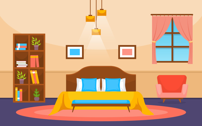 Download Иллюстрация "Sleeping Room Bed - Illustration" / Sleeping Room Bed - Illustration - Иллюстрация на тему графика bedroom,sleeping,room,bed,interior,design,modern,house,illustration,vector,concept,sleep,indoor,comfortable,furniture,bedstead,hanging,lamps,frame,rack