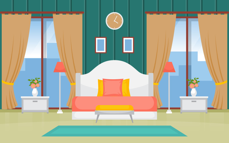 Download Иллюстрация "Sleeping Room Design - Illustration" / Sleeping Room Design - Illustration - Иллюстрация на тему графика bedroom,sleeping,room,bed,interior,design,modern,hotel,apartment,illustration,vector,concept,sleep,indoor,comfortable,furniture,clock,lamps,sofa,tables