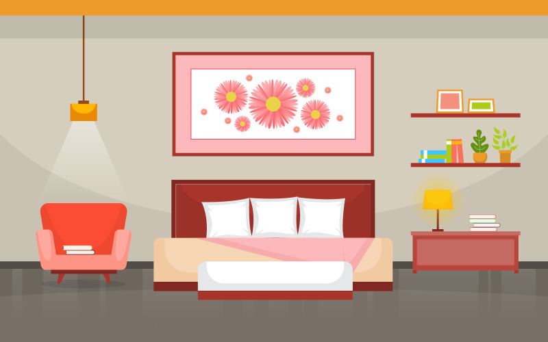 Download Иллюстрация "Sleeping Room House - Illustration" / Sleeping Room House - Illustration - Иллюстрация на тему графика bedroom,sleeping,room,bed,interior,design,modern,house,illustration,vector,concept,sleep,indoor,comfortable,furniture,bedstead,hanging,lamp,sofa,chair