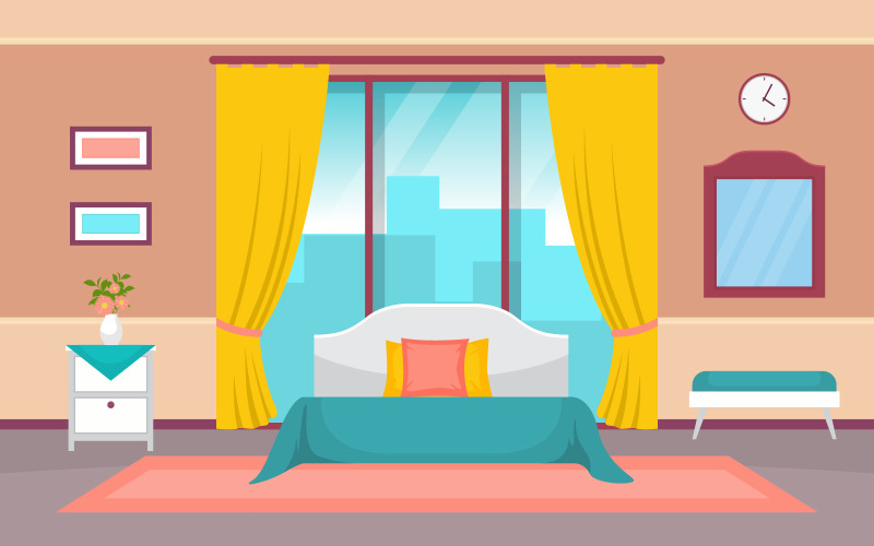 Download Иллюстрация "Sleeping Room Interior - Illustration" / Sleeping Room Interior - Illustration - Иллюстрация на тему графика bedroom,sleeping,room,bed,interior,design,modern,hotel,apartment,illustration,vector,concept,sleep,indoor,comfortable,furniture,clock,mirror,vase,flower