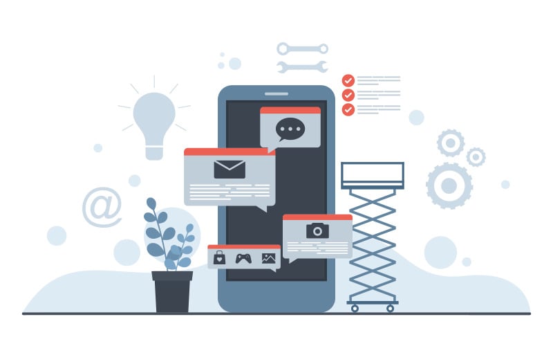 Download Иллюстрация "Smartphone Mobile App - Illustration" / Smartphone Mobile App - Illustration - Иллюстрация на тему графика smartphone,mobile,app,development,process,flat,design,illustration,vector,concept,isolated,developer,phone,application,software,web,icon,business,computer,marketing