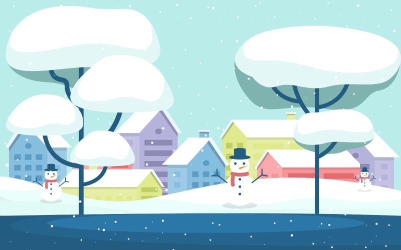 Download Иллюстрация "Snow Tree House - Illustration" / Snow Tree House - Illustration - Иллюстрация на тему графика winter,snow,tree,snowfall,city,house,landscape,illustration,vector,season,cold,december,background,village,wonderland,minimal,art,flat,holiday,home