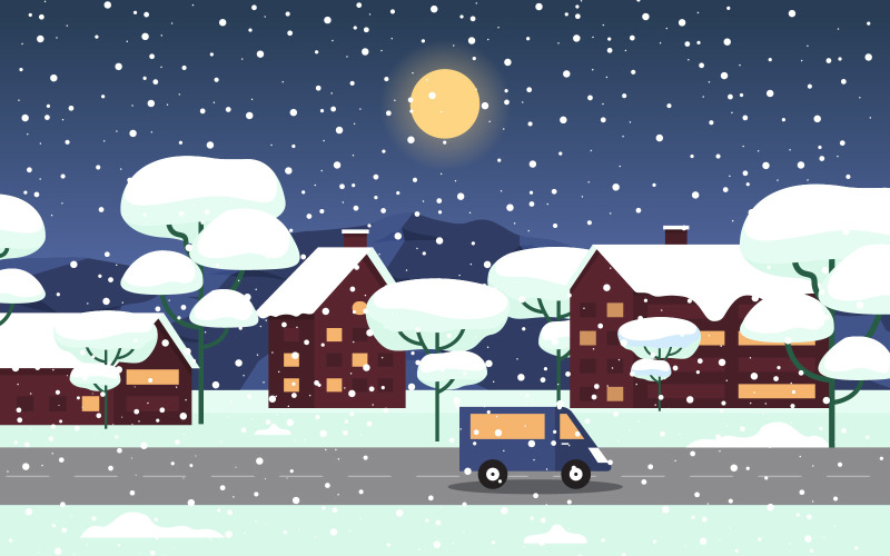 Download Иллюстрация "Snow Tree Landscape - Illustration" / Snow Tree Landscape - Illustration - Иллюстрация на тему графика winter,snow,tree,snowfall,city,house,landscape,illustration,vector,season,cold,december,background,village,wonderland,minimal,art,flat,holiday,home